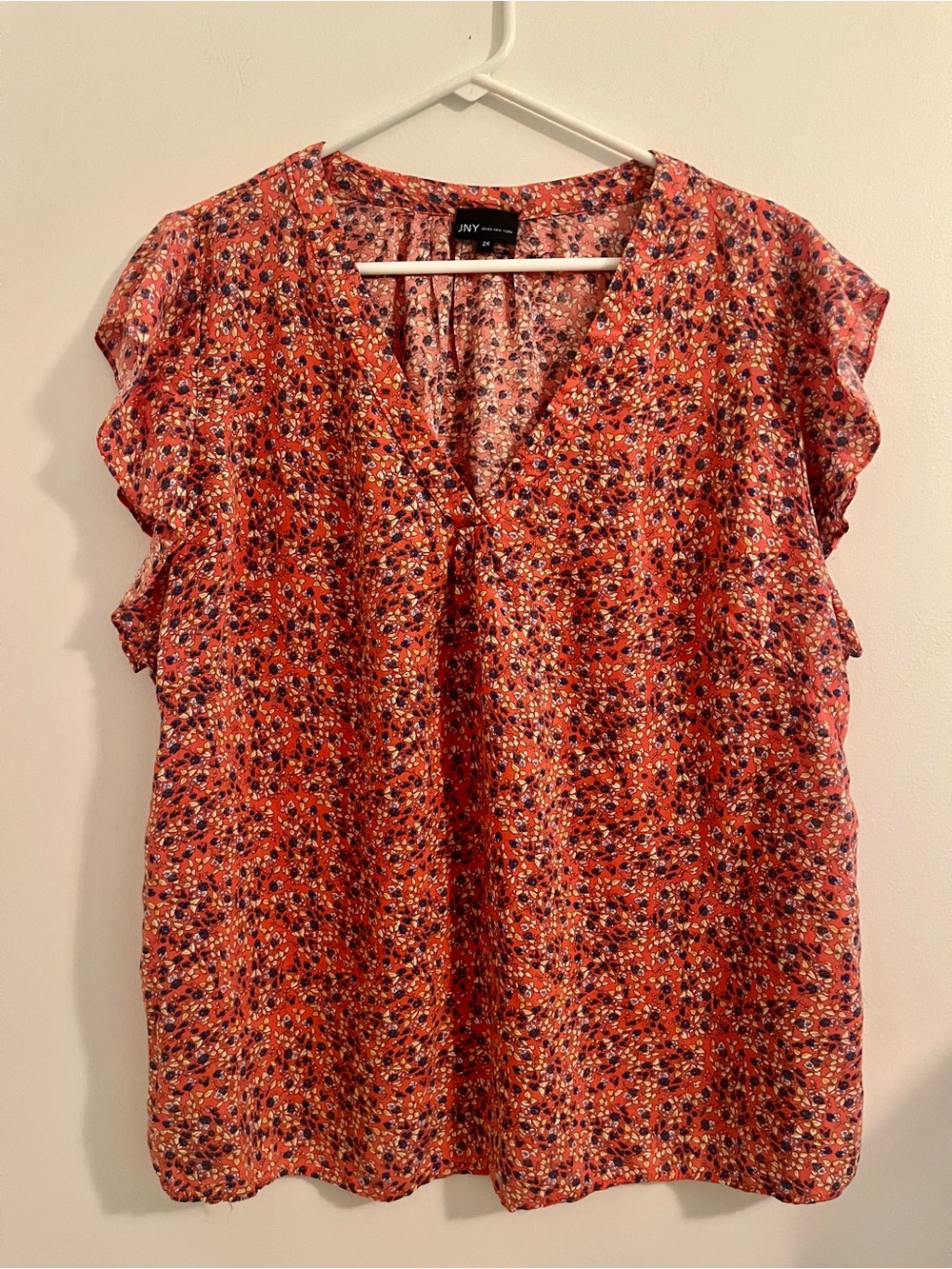 Jones New York Orange Floral V-Neck Ruffle Sleeve Blouse